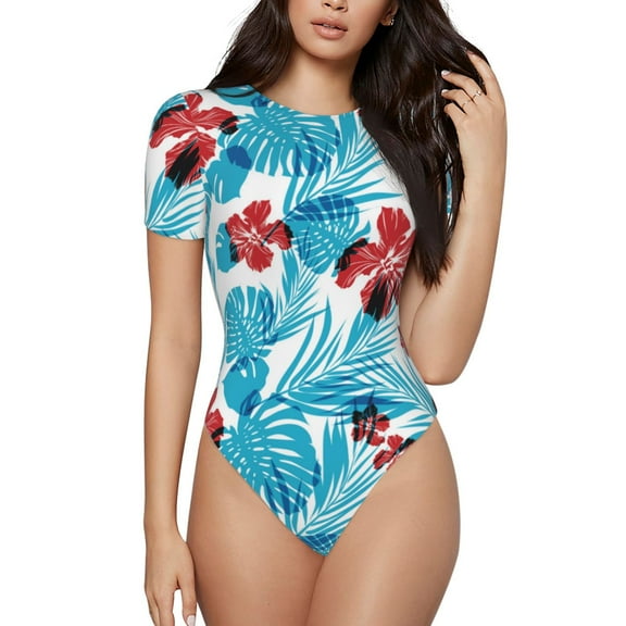 Kdxio Hawaiian Style for Women's Short-Sleeved Onesie Stylish Round Neck Pajamas Bodysuit Jumpsuit Nightwear-Small