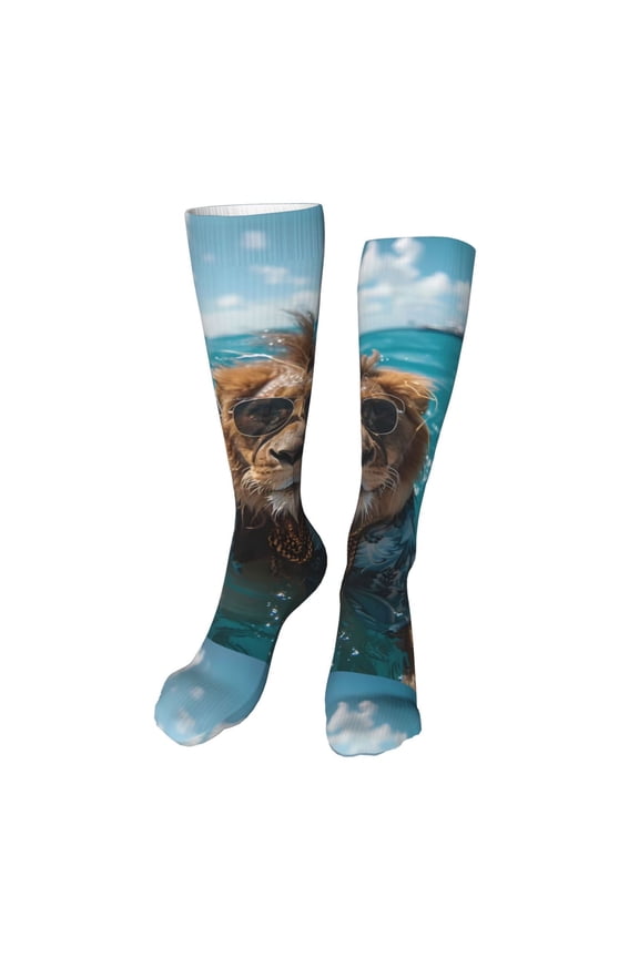 Hawaiian Swimming Lion Funny Silky Novelty Funky Long Knee High Socks Soft 3D Print Cosplay Crazy Stockings for Men Women
