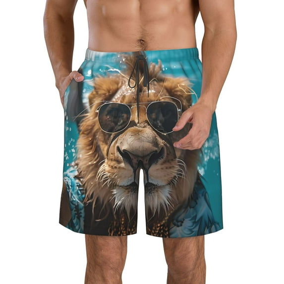 Kdxio Hawaiian Swimming Lion Pattern Mens Casual Shorts - Drawstring Summer Beach Sports Shorts for Men