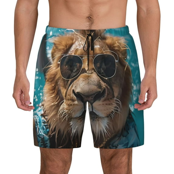 Kdxio Hawaiian Swimming Lion Print Men's Swim Trunks with Compression Liner 7 Inch Inseam Quick Dry Swim Shorts
