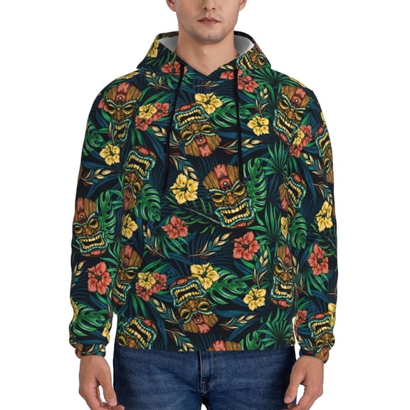 Kdxio Hawaiian Tribal Mask Print Mens Casual Hooded Collar Drawstring Hoodies Pullover Sweatshirts Casual Long Sleeve Shirts-Small