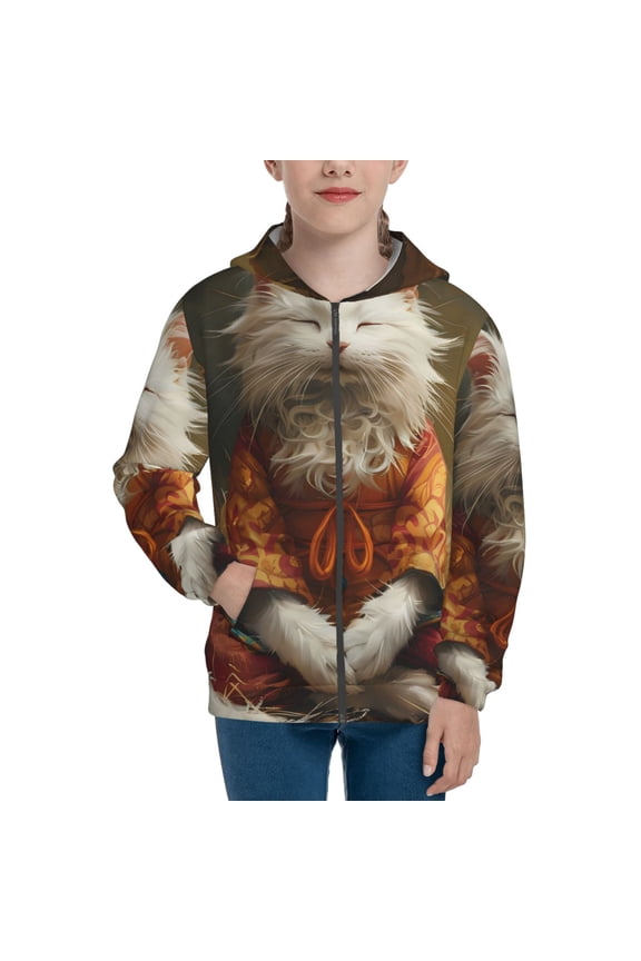 Haystack Meditating Cat Pattern Kids Boys Girls Zip Up Hoodie 3D Printed Hooded Sweatshirt Hoody Coat with Pocket 7-12 Y-Medium