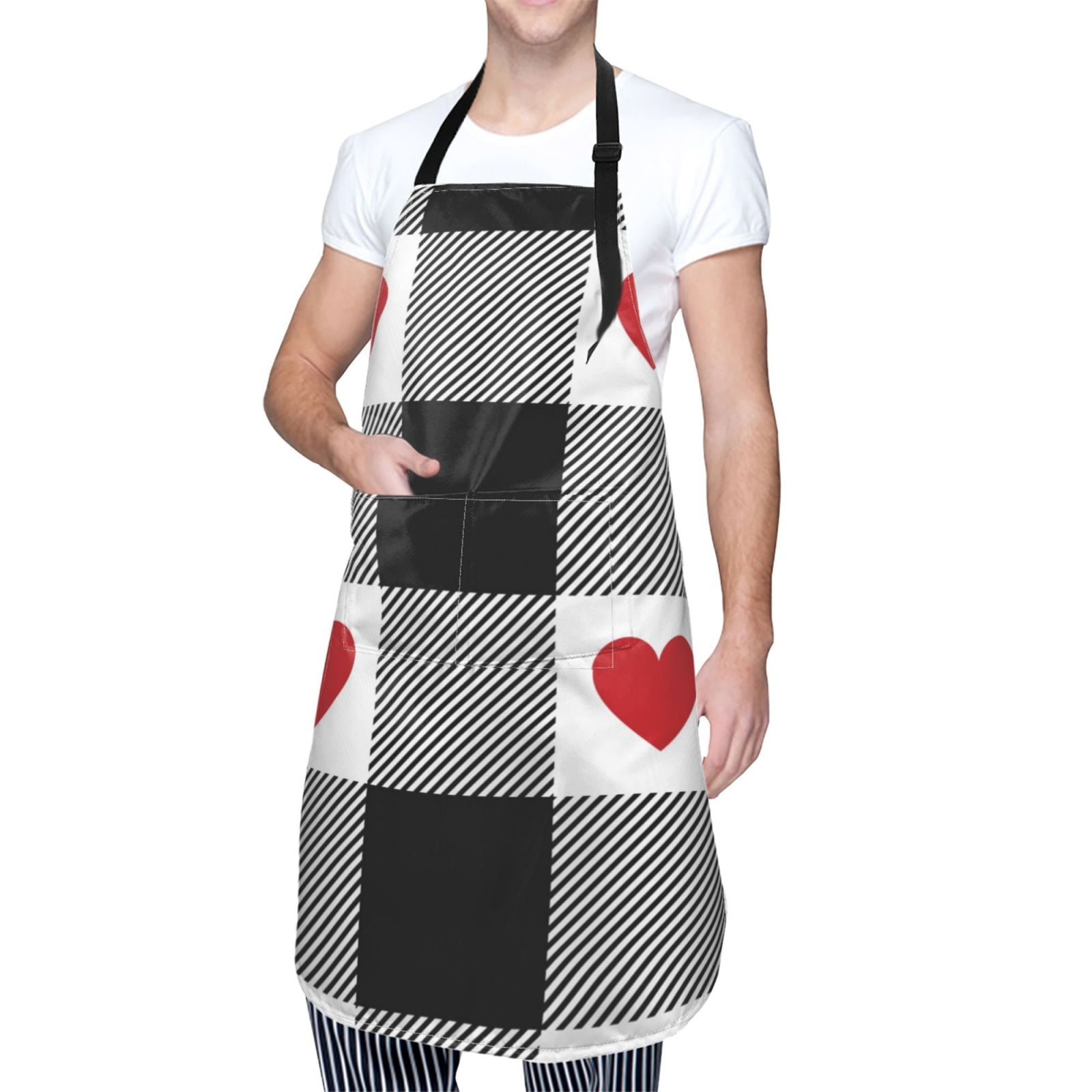 Kdxio Heart Black Buffalo Plaid Gingham Apron with Pockets Adjustable Kitchen Aprons for Men Women Waterproof Aprons for Cooking,Drawing,Crafting, Baking Household Cleaning