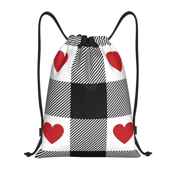 Kdxio Heart Black Buffalo Plaid Gingham Print Drawstring Backpack Bag,Waterproof Draw String Back Sack, Gym Drawstring Bags Swim Bag For Unisex