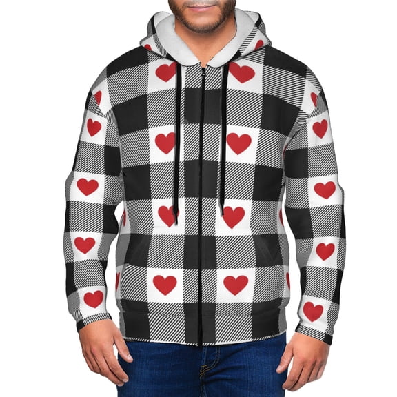 Kdxio Heart Black Buffalo Plaid Gingham Print Men Hoodies Casual Hoodies for Men with Zip Pockets Full Zip Long Sleeve Sweatshirt Sports Hooded Jacket-3X-Large