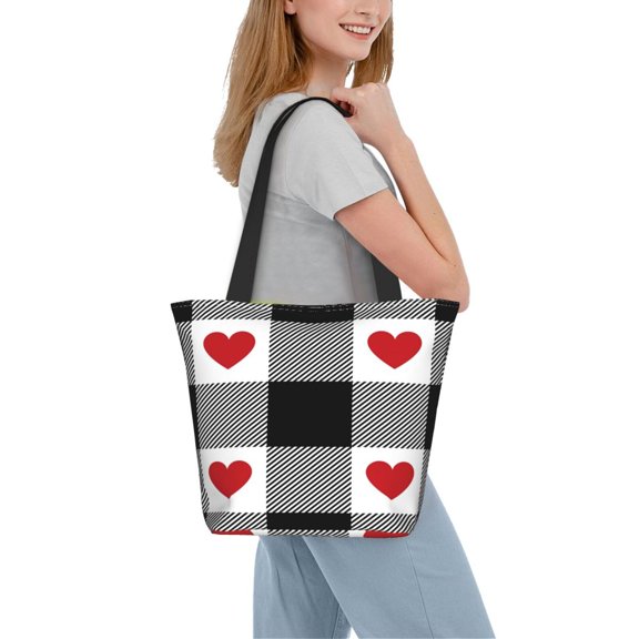 Kdxio Heart Black Buffalo Plaid Gingham Women Reusable Grocery Bags Foldable Ripstop,Reusable Shopping Bags for Shopping,Gym,Gift