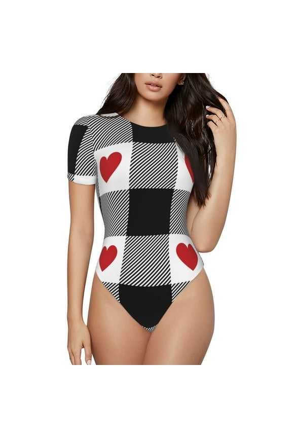 Heart Black Buffalo Plaid Gingham for Women's Short-Sleeved Onesie Stylish Round Neck Pajamas Bodysuit Jumpsuit Nightwear-Medium