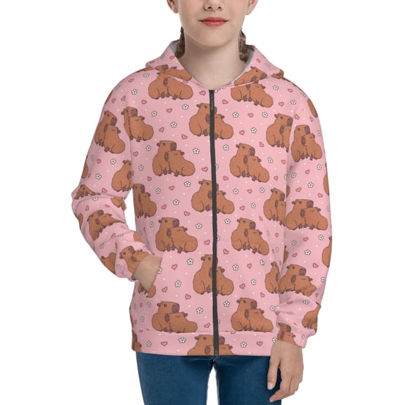 Kdxio Heart Capybara Pattern Kids Boys Girls Zip Up Hoodie 3D Printed Hooded Sweatshirt Hoody Coat with Pocket 7-12 Y-Small