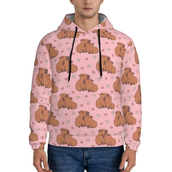 Kdxio Heart Capybara Print Mens Casual Hooded Collar Drawstring Hoodies Pullover Sweatshirts Casual Long Sleeve Shirts-Large