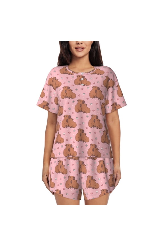 Heart Capybara Print Pajamas Sets for Women Short-Sleeved Pjs with Lounge Shorts Two Piece Sleepwear S-4XL