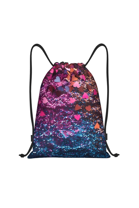 Heart Confetti on Glitter Print Drawstring Backpack Bag,Waterproof Draw String Back Sack, Gym Drawstring Bags Swim Bag For Unisex