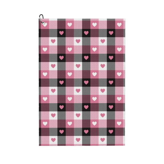 Kdxio Heart Plaid Pattern Golf Towel (24" X 16") with Carabiner Clip - The Convenient Golf Cleaning Towel