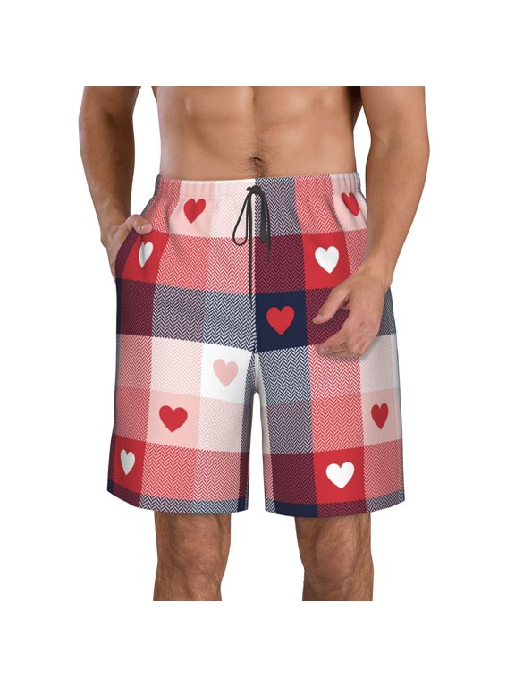 Heart Plaid Pattern Mens Casual Shorts - Drawstring Summer Beach Sports Shorts for Men