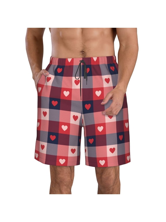 Heart Plaid Pattern Mens Casual Shorts - Drawstring Summer Beach Sports Shorts for Men