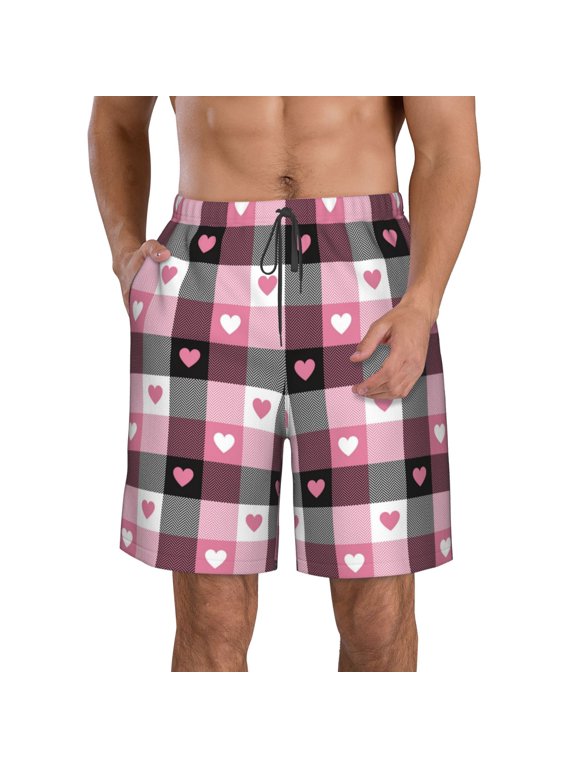 Heart Plaid Pattern Mens Casual Shorts - Drawstring Summer Beach Sports Shorts for Men