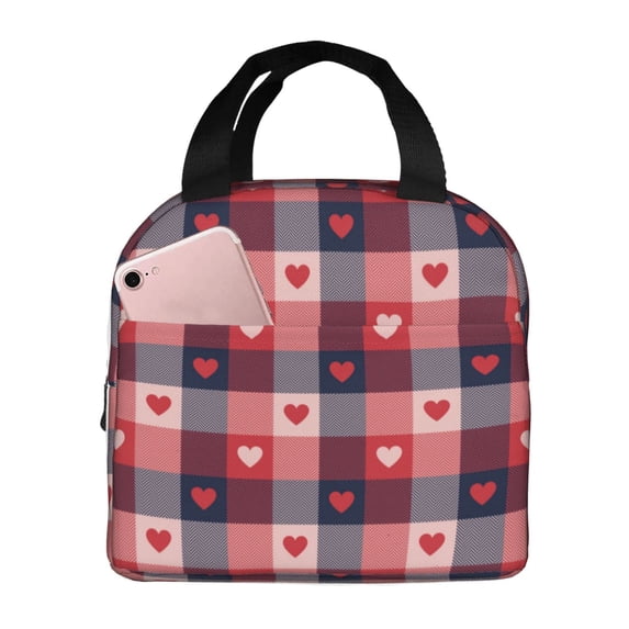 Kdxio Heart Plaid Print Insulated Lunch Bag,Reusable Tote Lunch Box for Women Men,Leakproof Cooler Lunch Bags for Work Office Travel Picnic