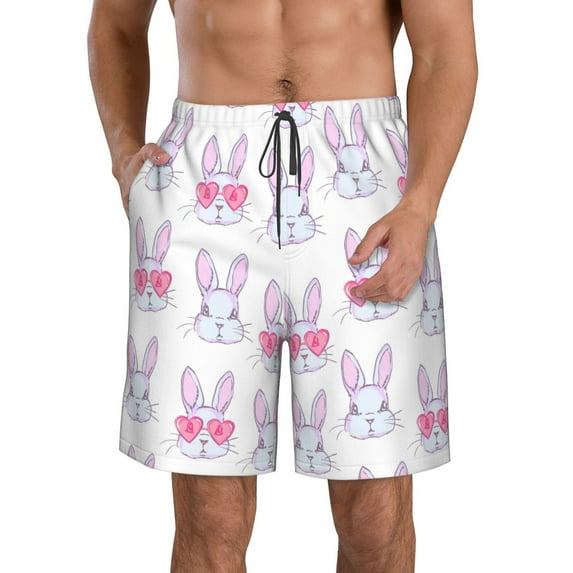 Kdxio Heart Rabbit Pattern Mens Casual Shorts - Drawstring Summer Beach Sports Shorts for Men