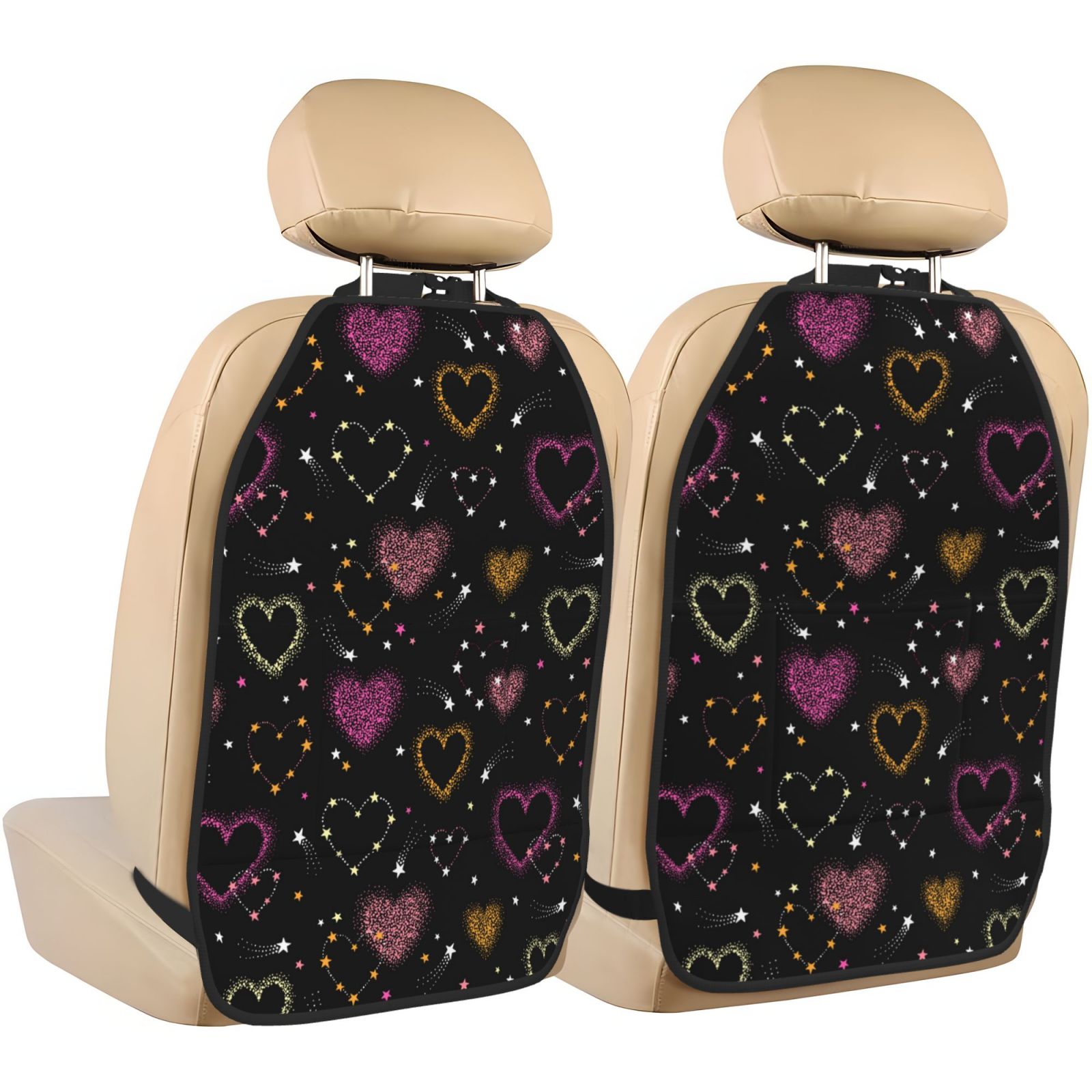 Kdxio Heart and Stars Print 2 Pack Car Kick Mat Seat Cover Back Protector Mat with Pockets for Organizer Backseat Protector and Storage Anti Kick Pad for Vehicles