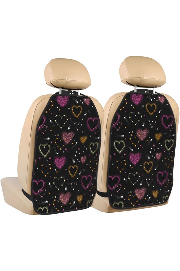 Heart and Stars Print 2 Pack Car Kick Mat Seat Cover Back Protector Mat with Pockets for Organizer Backseat Protector and Storage Anti Kick Pad for Vehicles