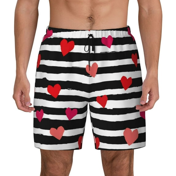 Kdxio Hearts And Lines1 Print Men's Swim Trunks with Compression Liner 7 Inch Inseam Quick Dry Swim Shorts