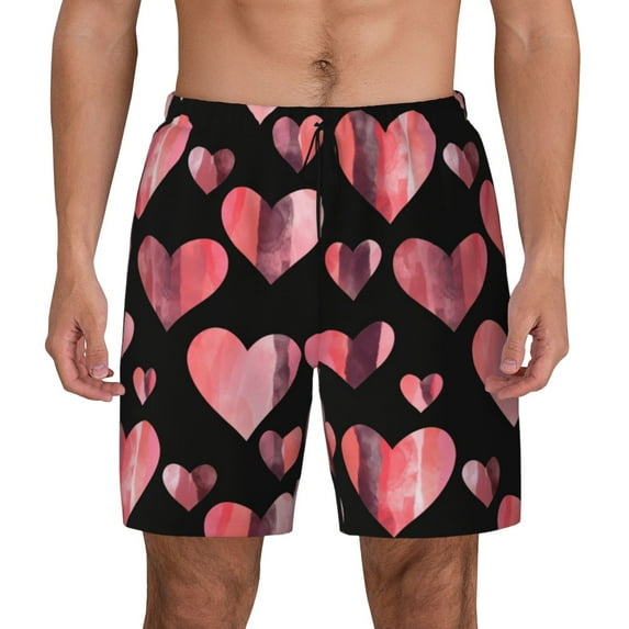 Kdxio Hearts Print Men's Swim Trunks with Compression Liner 7 Inch Inseam Quick Dry Swim Shorts