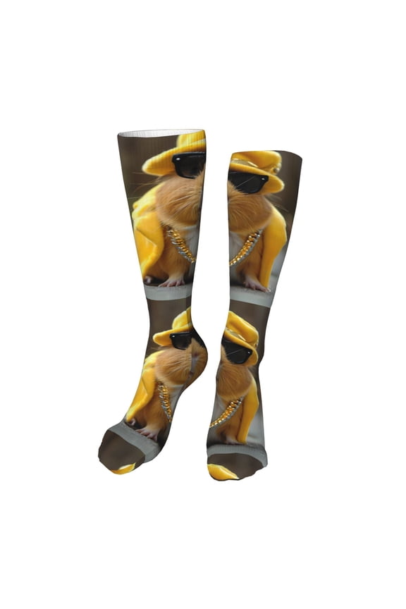 Heavy Metal Style Guinea Pig Funny Silky Novelty Funky Long Knee High Socks Soft 3D Print Cosplay Crazy Stockings for Men Women