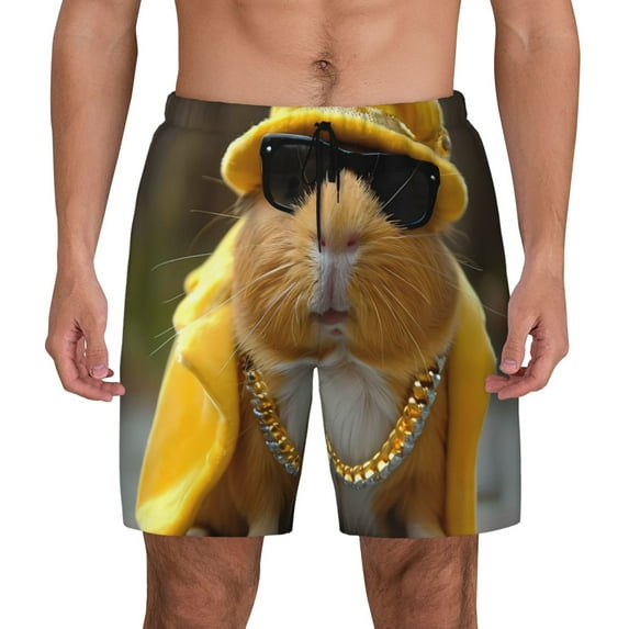 Kdxio Heavy Metal Style Guinea Pig Print Men's Swim Trunks with Compression Liner 7 Inch Inseam Quick Dry Swim Shorts