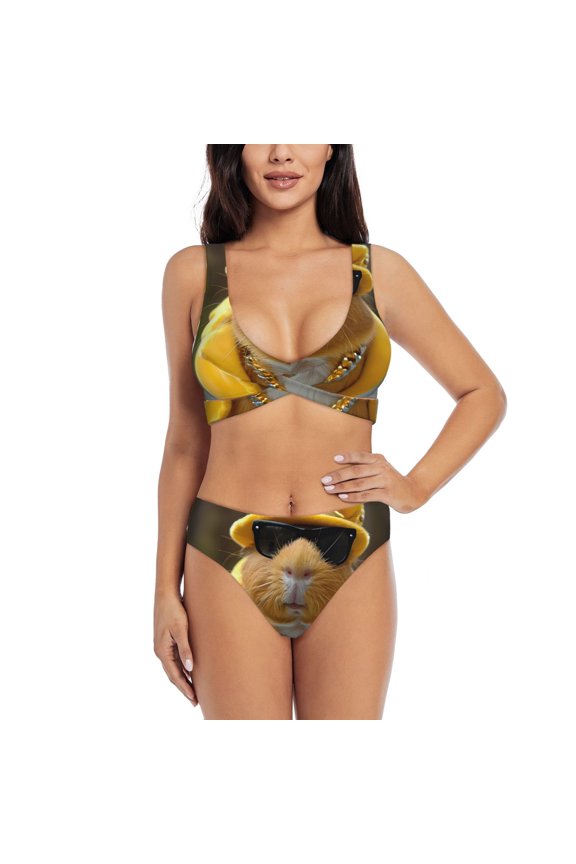 Heavy Metal Style Guinea Pig Print Women's 2 Piece High Waisted Wrap Spaghetti Strap Summer Swimsuit Bikini Set-Large
