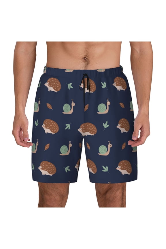 Hedgehog And Snail Print Men's Swim Trunks with Compression Liner 7 Inch Inseam Quick Dry Swim Shorts