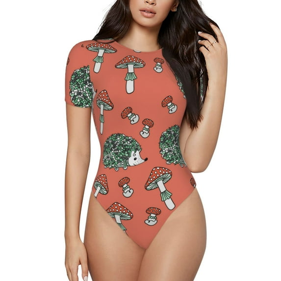 Kdxio Hedgehog Mushroom for Women's Short-Sleeved Onesie Stylish Round Neck Pajamas Bodysuit Jumpsuit Nightwear-Medium