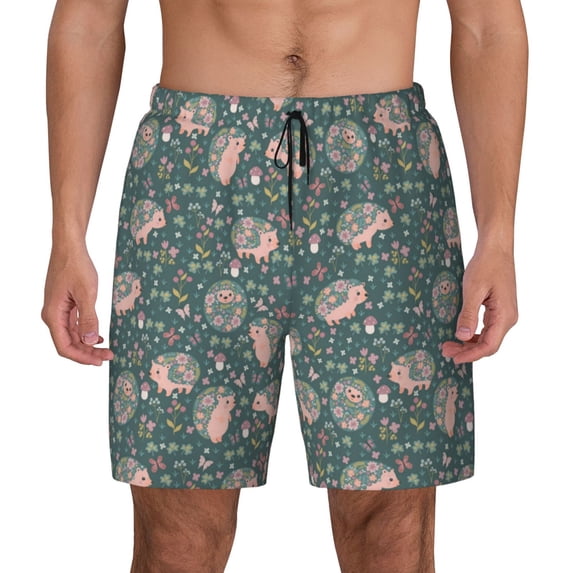 Kdxio Hedgehogs And Flowers Print Men'S Swim Trunks With Compression Liner 7 Inch Inseam Quick Dry Swim Shorts