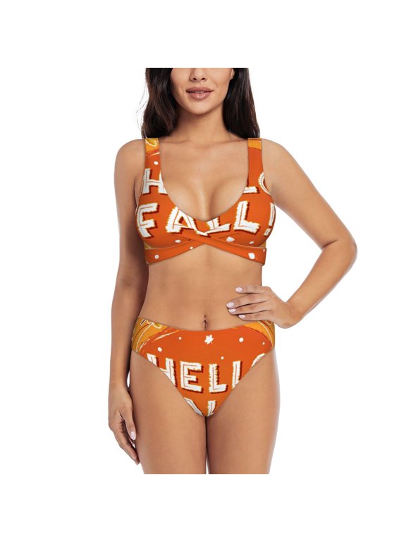 Hello Fall 1 Print Women's 2 Piece High Waisted Wrap Spaghetti Strap Summer Swimsuit Bikini Set-Large