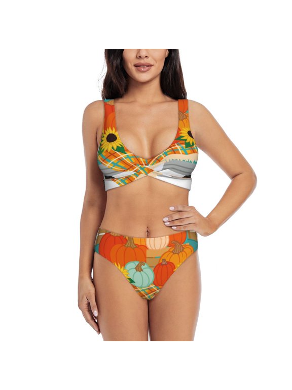 Hello Fall Farm Truck Print Women's 2 Piece High Waisted Wrap Spaghetti Strap Summer Swimsuit Bikini Set-Medium