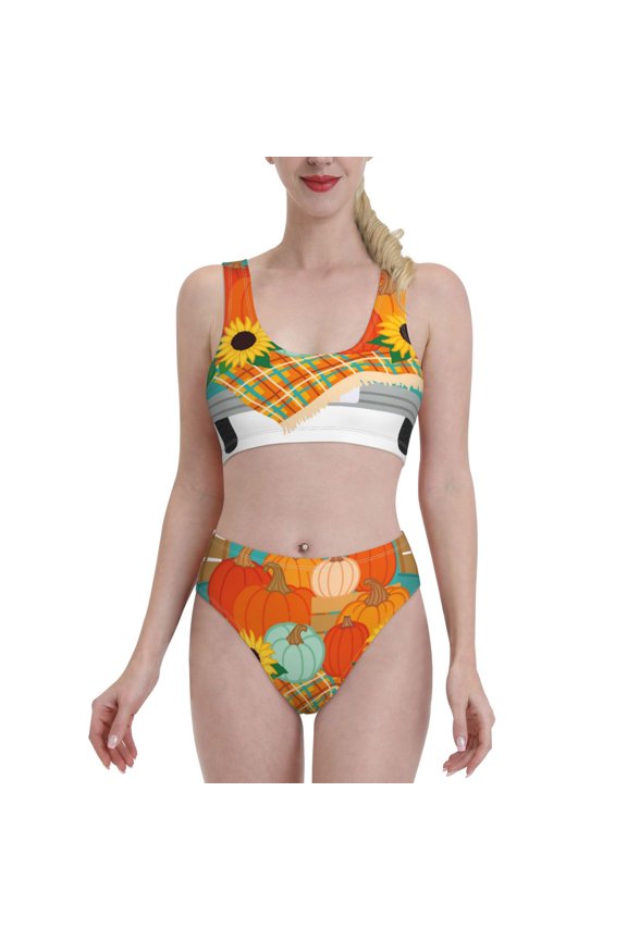 Hello Fall Farm Truck for Womens High Waisted Bikini Top Sports Style Two Piece Bathing Suits
