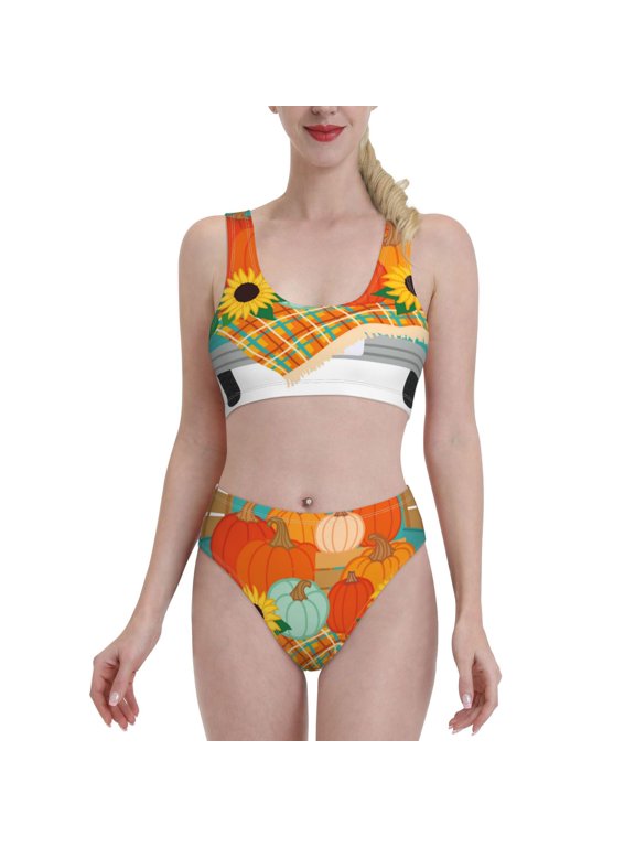 Hello Fall Farm Truck for Womens High Waisted Bikini Top Sports Style Two Piece Bathing Suits