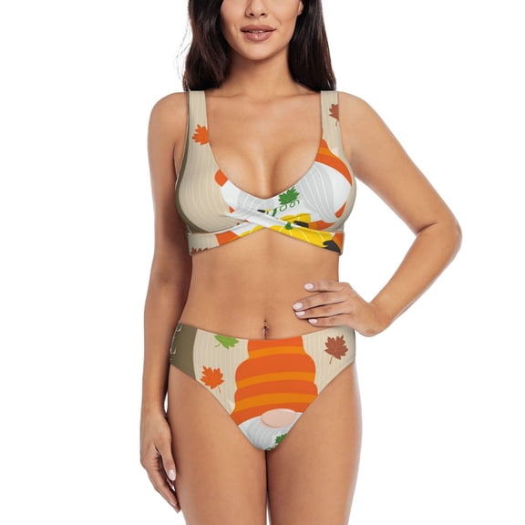 Kdxio Hello Fall Gnomes 1 Print Women's 2 Piece High Waisted Wrap Spaghetti Strap Summer Swimsuit Bikini Set-X-Large