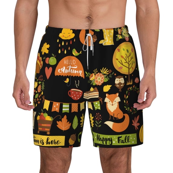 Kdxio Hello Fall Print Men'S Swim Trunks With Compression Liner 7 Inch Inseam Quick Dry Swim Shorts