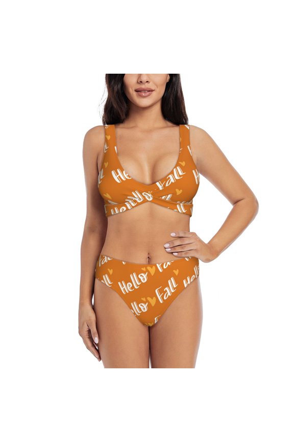 Hello Fall Print Women's 2 Piece High Waisted Wrap Spaghetti Strap Summer Swimsuit Bikini Set-Medium