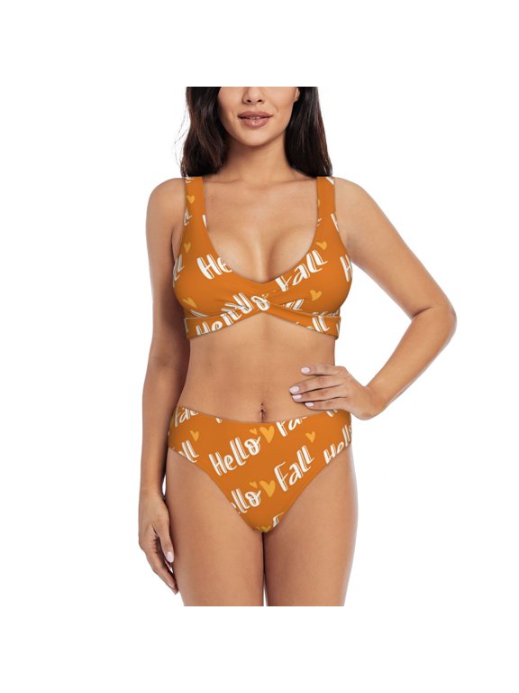 Hello Fall Print Women's 2 Piece High Waisted Wrap Spaghetti Strap Summer Swimsuit Bikini Set-X-Large