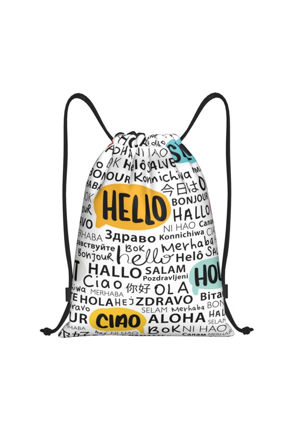 Hello Print Drawstring Backpack Bag,Waterproof Draw String Back Sack, Gym Drawstring Bags Swim Bag For Unisex