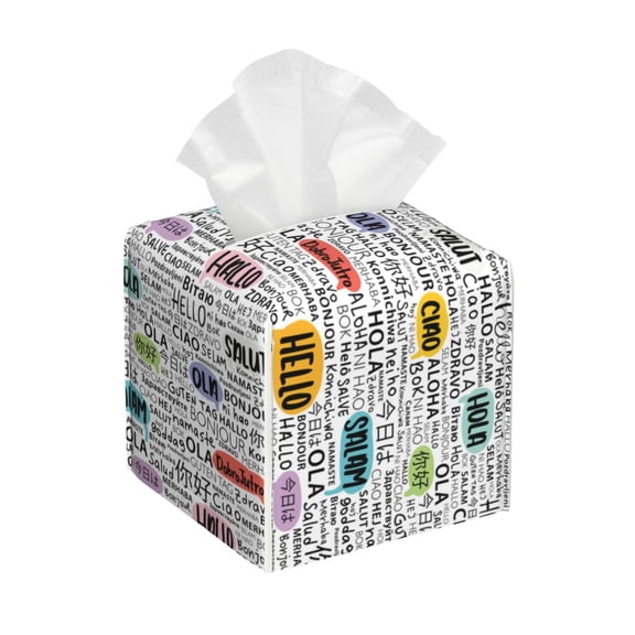 Kdxio Hello Print Tissue Box Cover,Square Decorative PU Leather Facial Paper Case Organizer Holder Dispenser for Bathroom,Night Stands,Desk,Car 5.2''X5.2''X5.2''