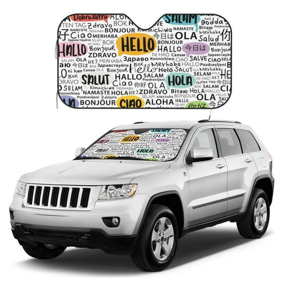 Kdxio Hello Print Windshield Sun Shade, Foldable Sun Blocker for Car,Truck,SUV Automotive Interior Sun Protection,Reflective Shade for Front Windshield(Medium)