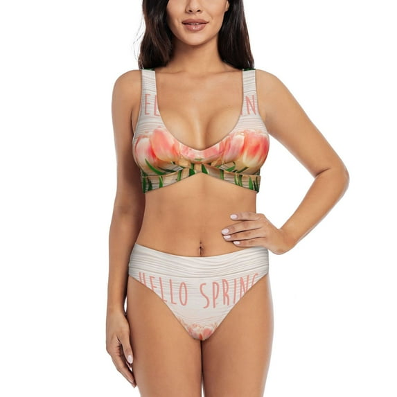 Kdxio Hello Spring Print Women's 2 Piece High Waisted Wrap Spaghetti Strap Summer Swimsuit Bikini Set-X-Large