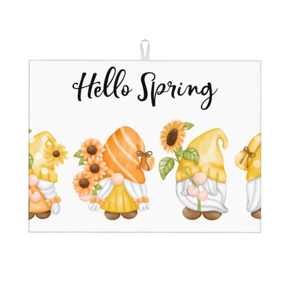 Kdxio Hello Spring Sunflower Gnomes for Dish Drying Mat,24*18 inch Absorbent Dish Drainer Kitchen Counter,Large Size Dish Drying Pad for Countertops,Draining Racks