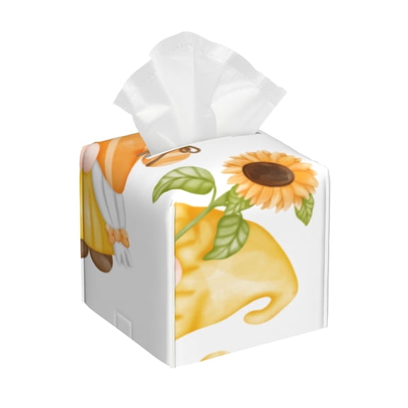 Kdxio Hello Spring Sunflower Gnomes Print Tissue Box Cover,Square Decorative PU Leather Facial Paper Case Organizer Holder Dispenser for Bathroom,Night Stands,Desk,Car 5.2''X5.2''X5.2''