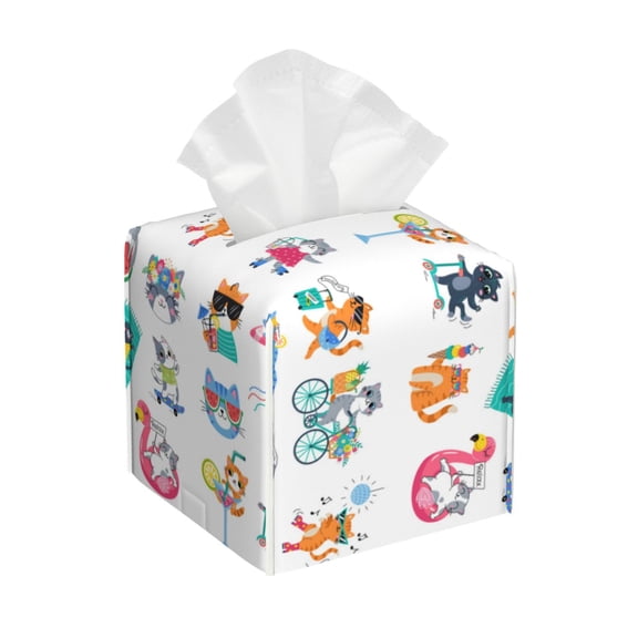 Kdxio Hello Summer Cat Print Tissue Box Cover,Square Decorative PU Leather Facial Paper Case Organizer Holder Dispenser for Bathroom,Night Stands,Desk,Car 5.2''X5.2''X5.2''
