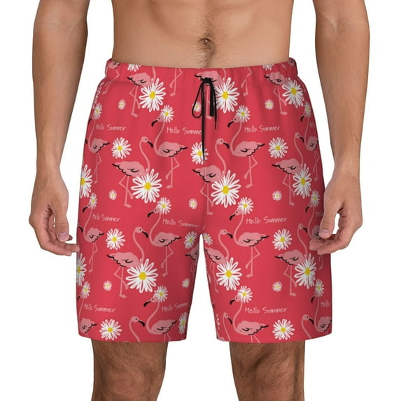 Kdxio Hello Summer Flamingo Print Men'S Swim Trunks With Compression Liner 7 Inch Inseam Quick Dry Swim Shorts
