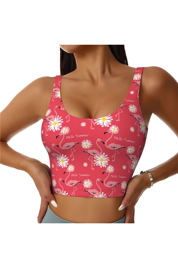 Hello Summer Flamingo Print Workout Crop Tank Top for Women Racerback Yoga Tank Tops Athletic Sports Shirts Exercise Undershirts