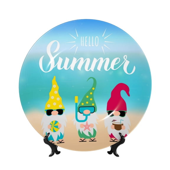 Kdxio Hello Summer Gnome 1 Bone China Decorative Plate Ceramic Decorative Plate for Home Office Wall Stand Decorative Plates for Home Bedroom-7in