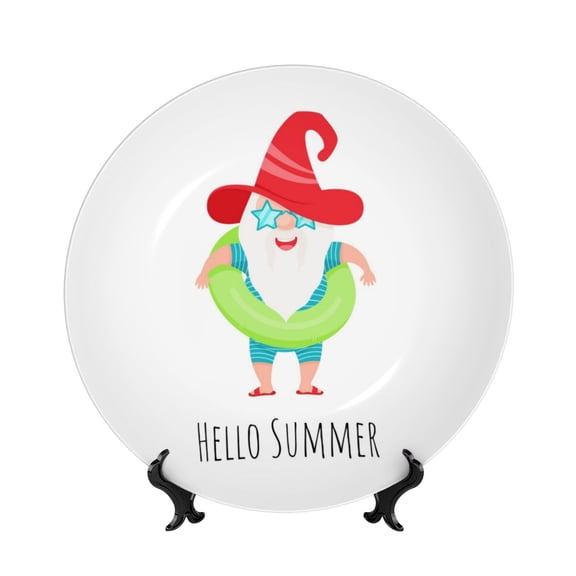 Kdxio Hello Summer Gnome 2 Bone China Decorative Plate Ceramic Decorative Plate for Home Office Wall Stand Decorative Plates for Home Bedroom-7in